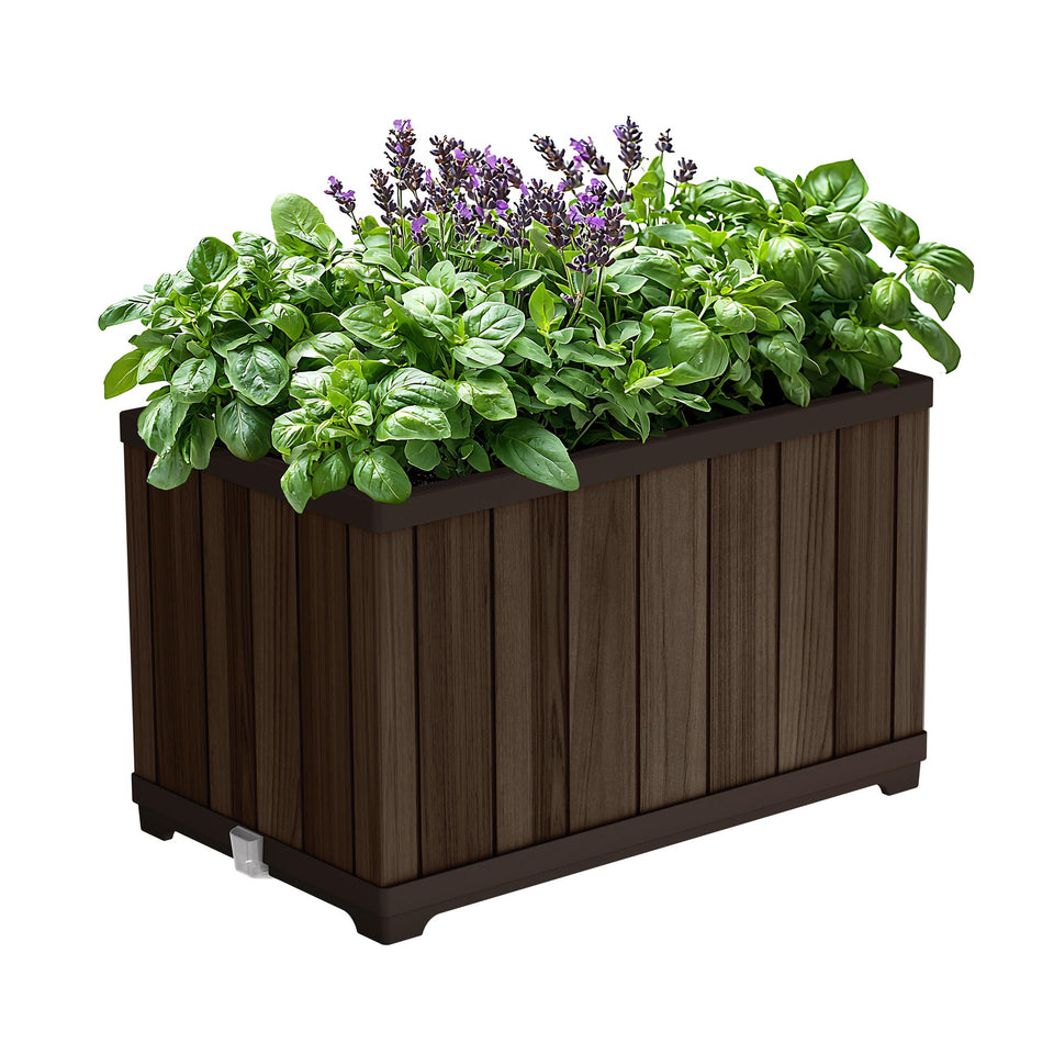 Keter Signature rectangle planter front view with a weather-ready wood-look finish for outdoor spaces.