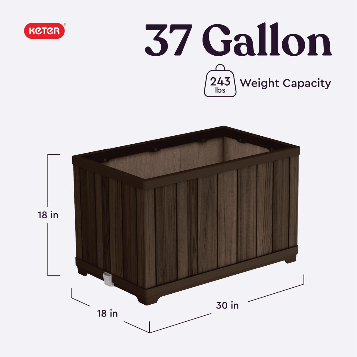 Side view of the planter showing the roomy 37 gallon soil capacity for diverse plantings.