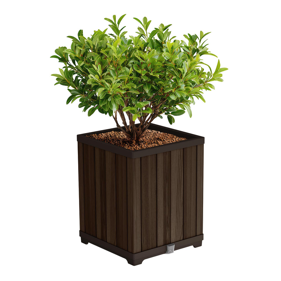 Keter Signature wood-look planter front view, weather-ready design.