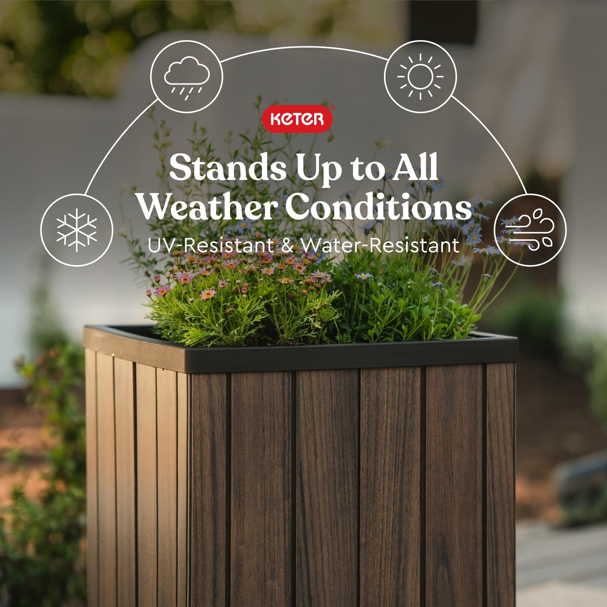 Keter Signature planter side view with built-in water reservoir.