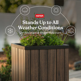 Keter Signature planter side view with built-in water reservoir.