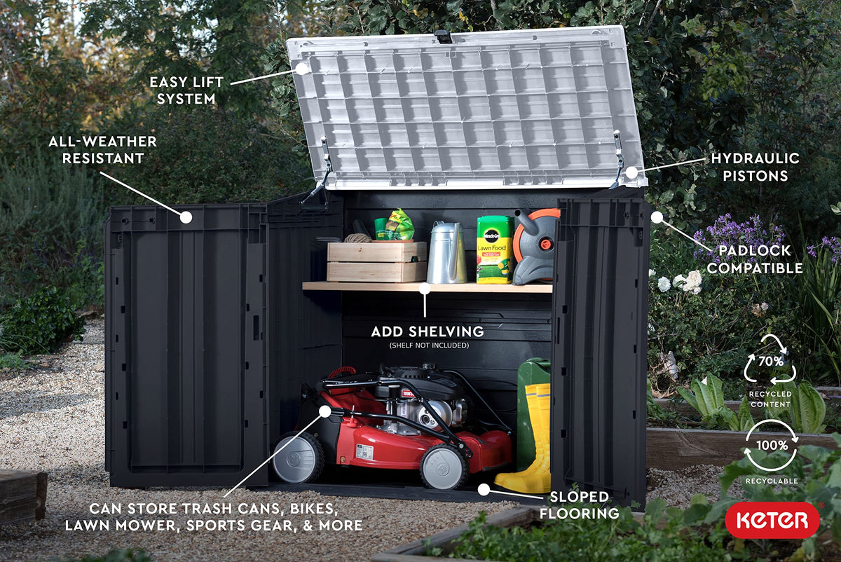 Keter Store-It-Out Prime rugged construction with resin and steel reinforcement for outdoor use.