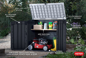 Keter Store-It-Out Prime rugged construction with resin and steel reinforcement for outdoor use.