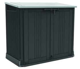Keter Store-It-Out Prime front doors offer wide access for yard tools.