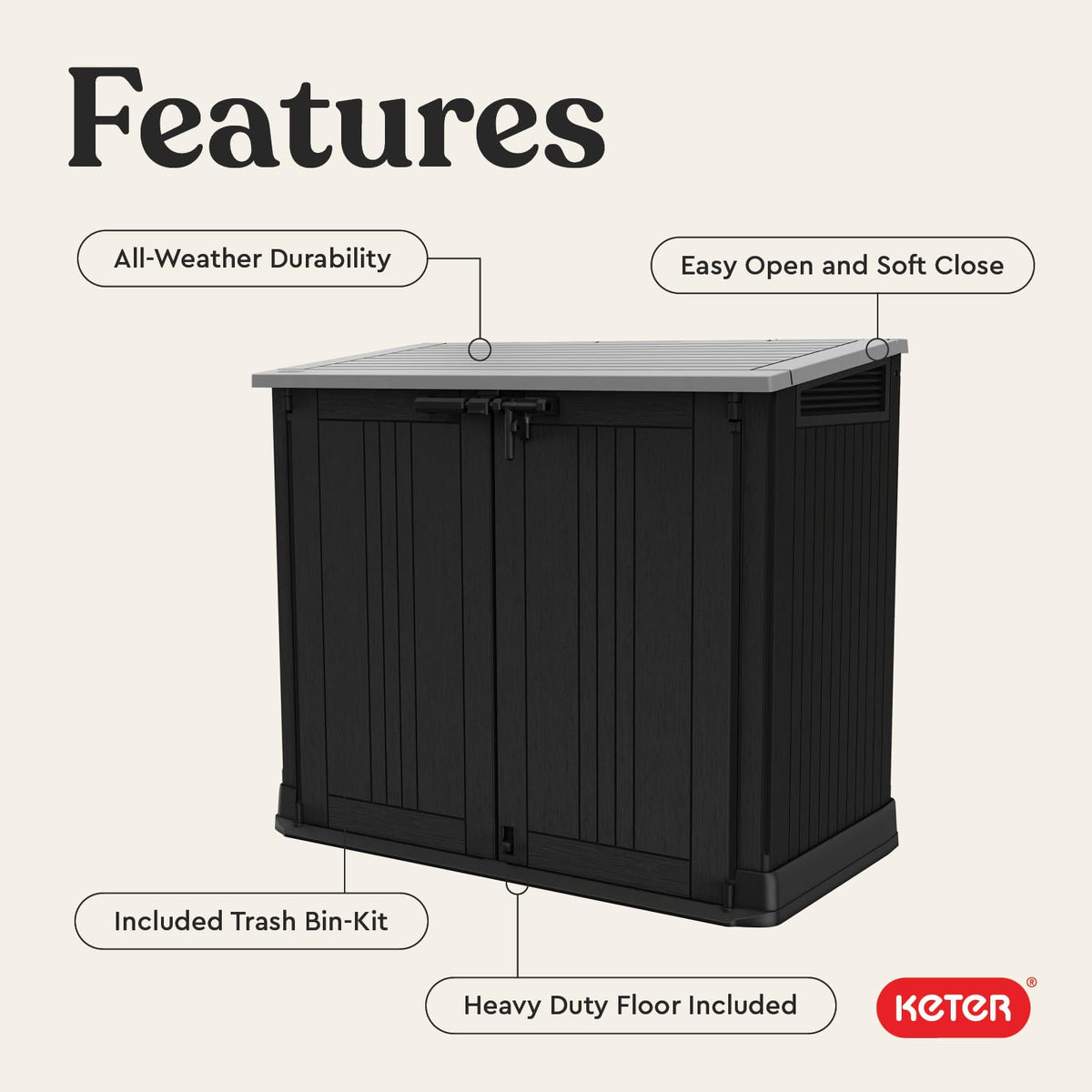 Keter Store-It-Out Prime ventilation panels promote airflow and moisture control.