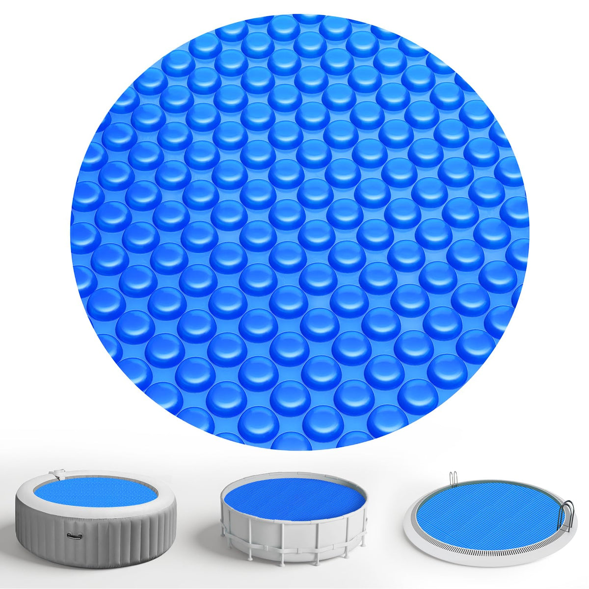 KETNET solar pool cover shows 8ft diameter for warmth and efficiency.