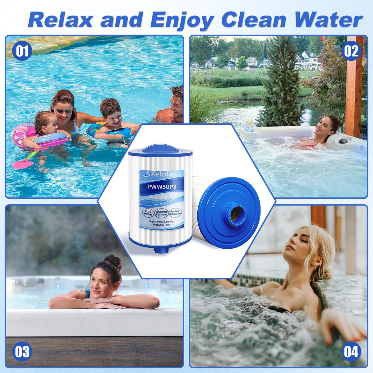 Ketofa PWW50P3 filter dimension label provides quick sizing reference for spa upkeep.