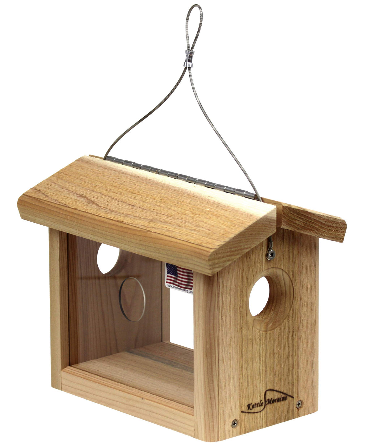 Kettle Moraine Cedar Feeder hinged roof close-up showing secure construction.