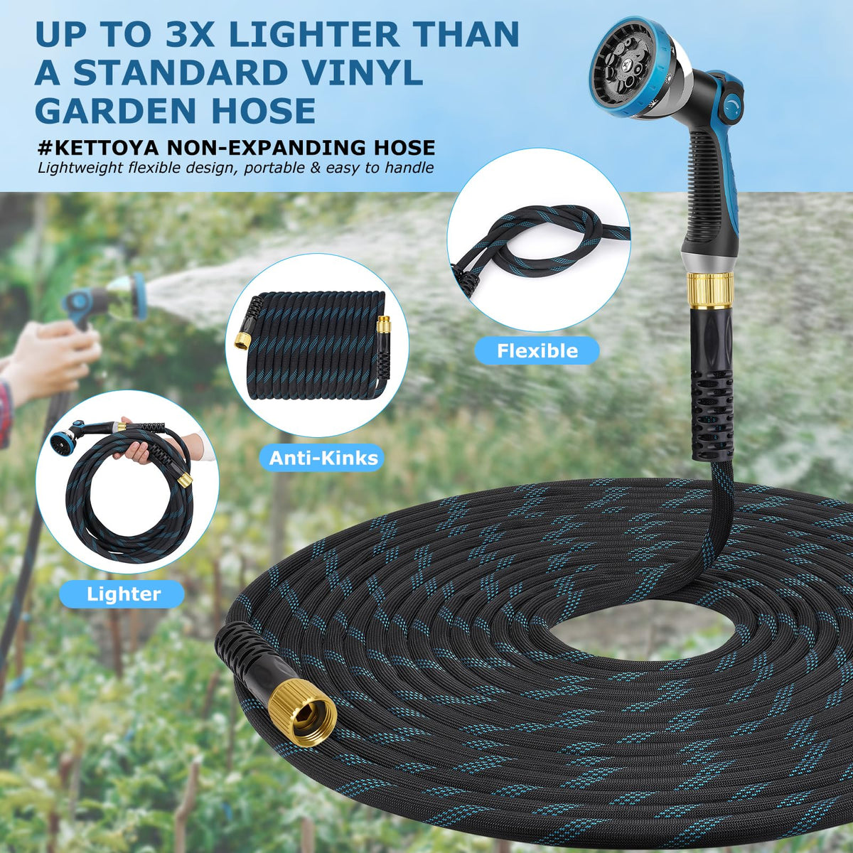 KETTOYA kink-free rotating connectors reduce tangling during garden work.