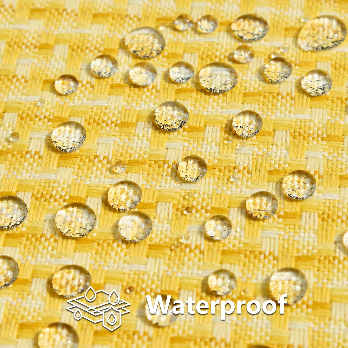 Kevin Textile yellow weave close-up shows durable fabric and water-repellent coating for outdoors, easy care
