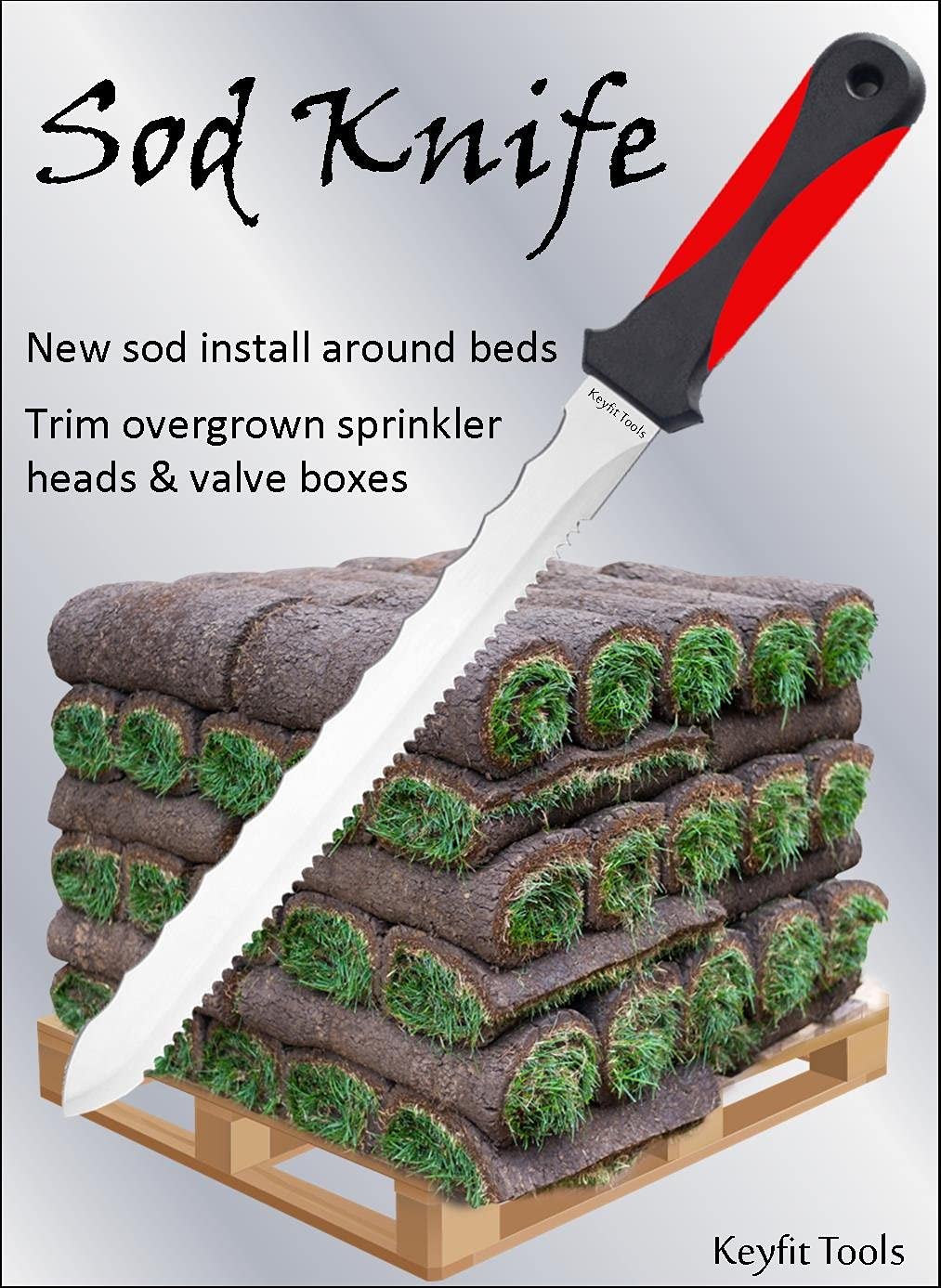 Keyfit Tools sod knife showing serrated blade for clean turf trimming.
