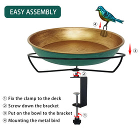 Keygift big steel clamp keeps the bird bath securely attached to a deck rail.