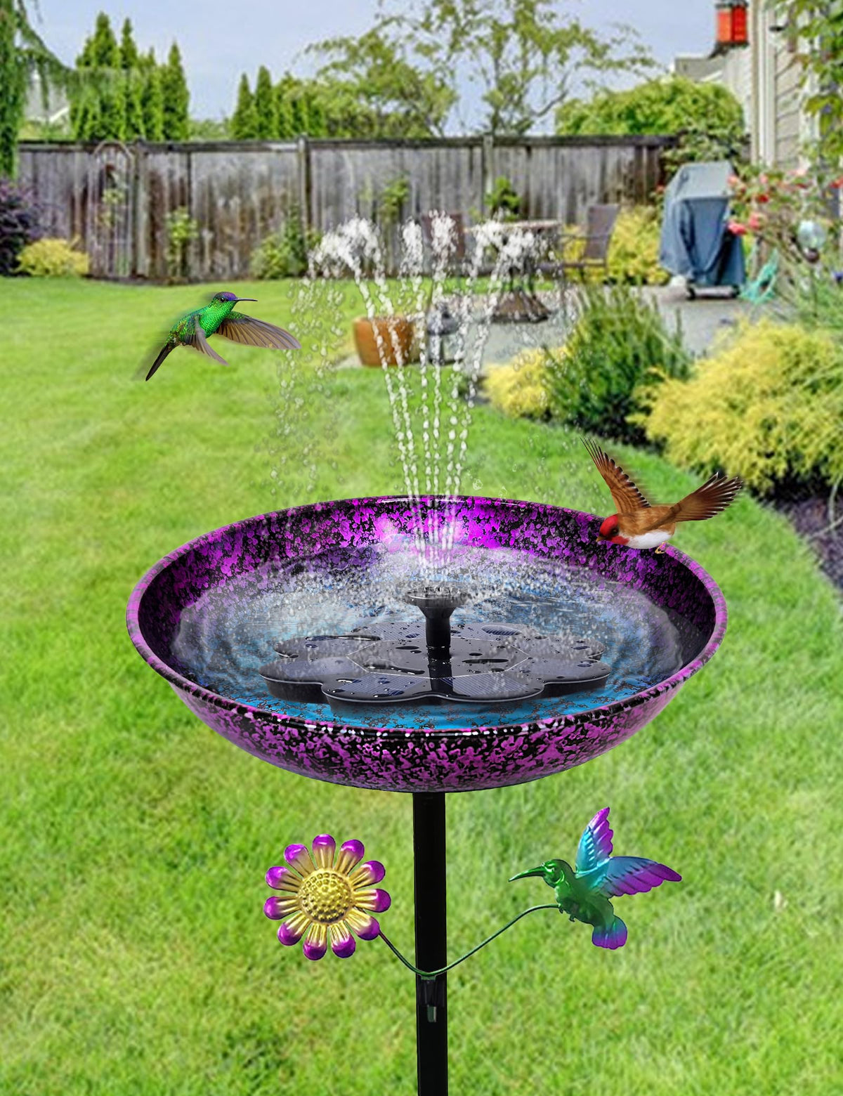 Keygift birdbath freestanding metal pole system stands strong in windy conditions.