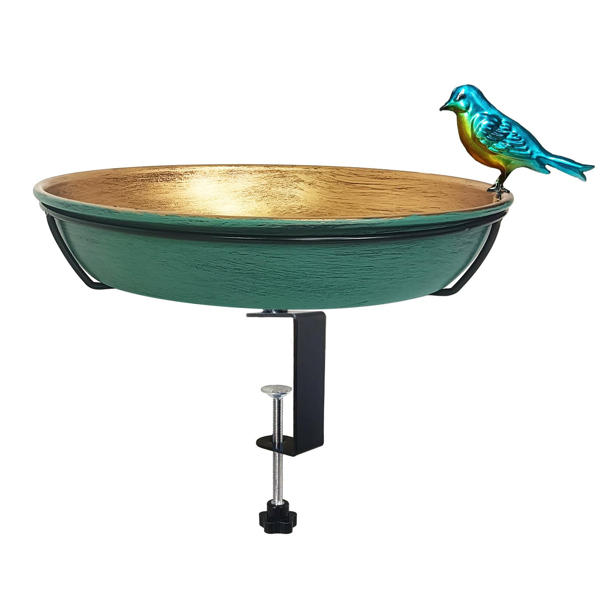 Keygift deck bird bath with 11inch green bronze bowl invites birds to drink.