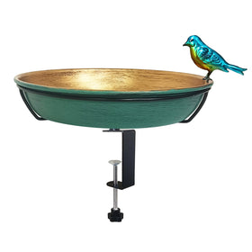 Keygift deck bird bath with 11inch green bronze bowl invites birds to drink.