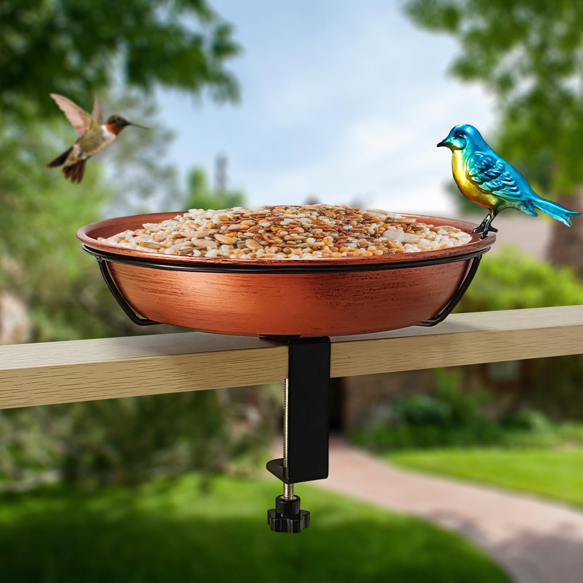Removable bowl and deck-mount support detail the Keygift bird bath on rails and fences.