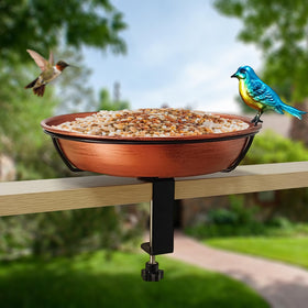 Removable bowl and deck-mount support detail the Keygift bird bath on rails and fences.