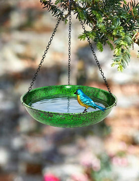 Keygift hanging bird bath with black chain for easy outdoor setup.