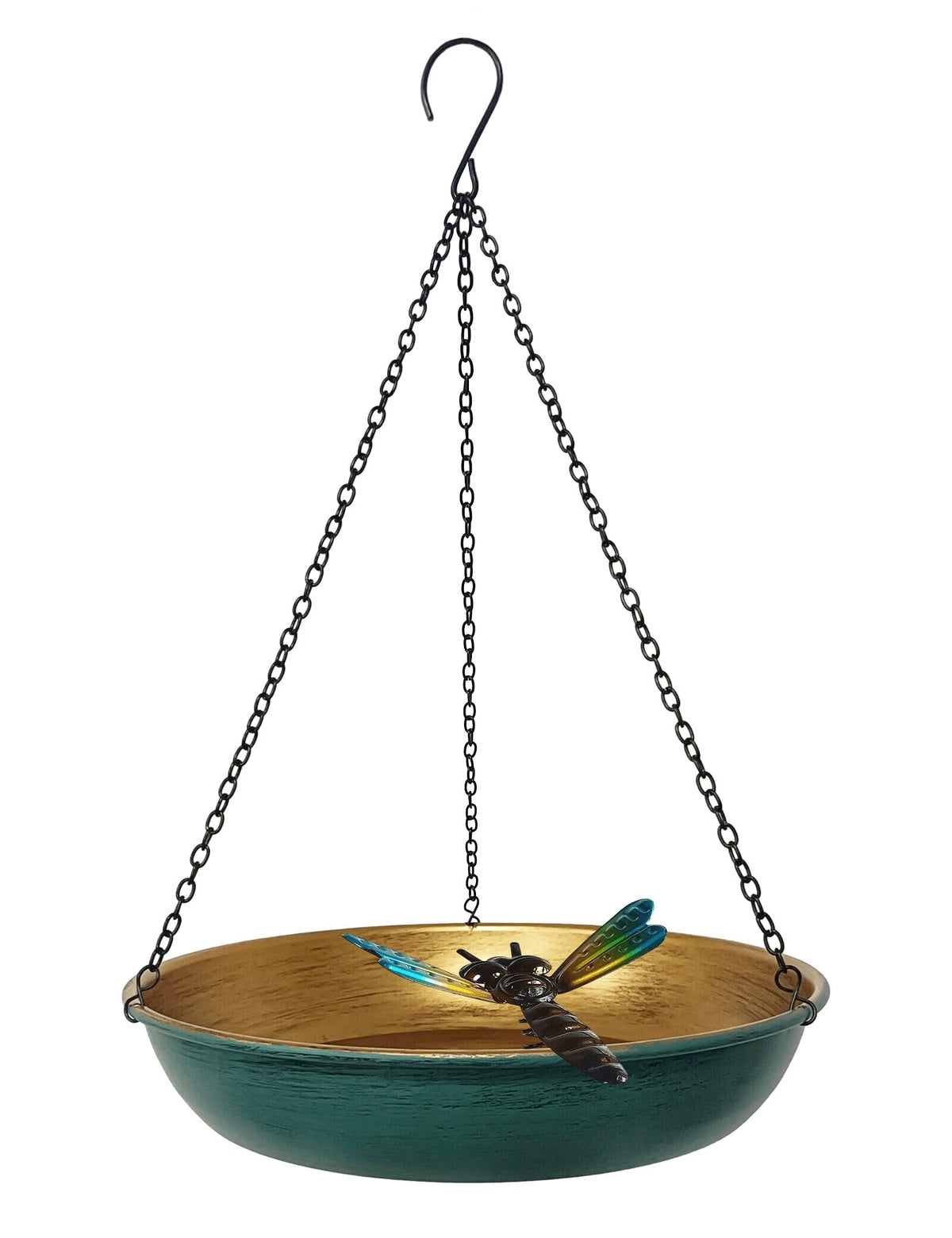 Keygift hanging birdbath with dragonfly accent in green bronze for garden birds