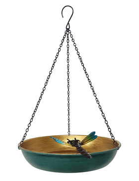 Keygift hanging birdbath with dragonfly accent in green bronze for garden birds