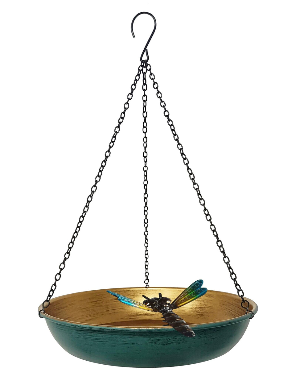Keygift hanging birdbath with dragonfly accent in green bronze for garden birds