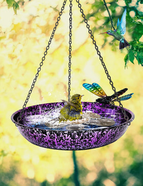 Keygift metal bird bath and feeder on a sturdy chain for outdoor use.