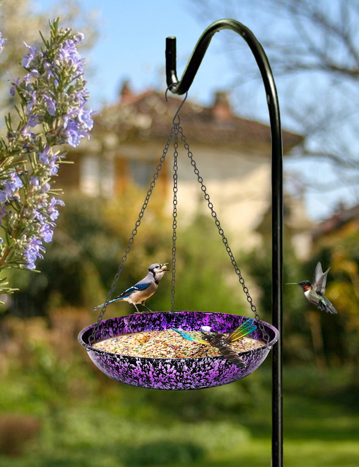 Keygift rust-proof bird bath bowl withstands sun and rain.