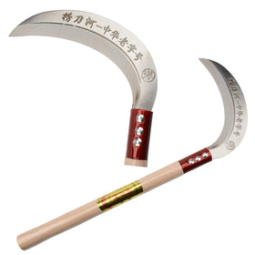 KEYI grass sickle wooden handle view emphasizing ergonomic grip