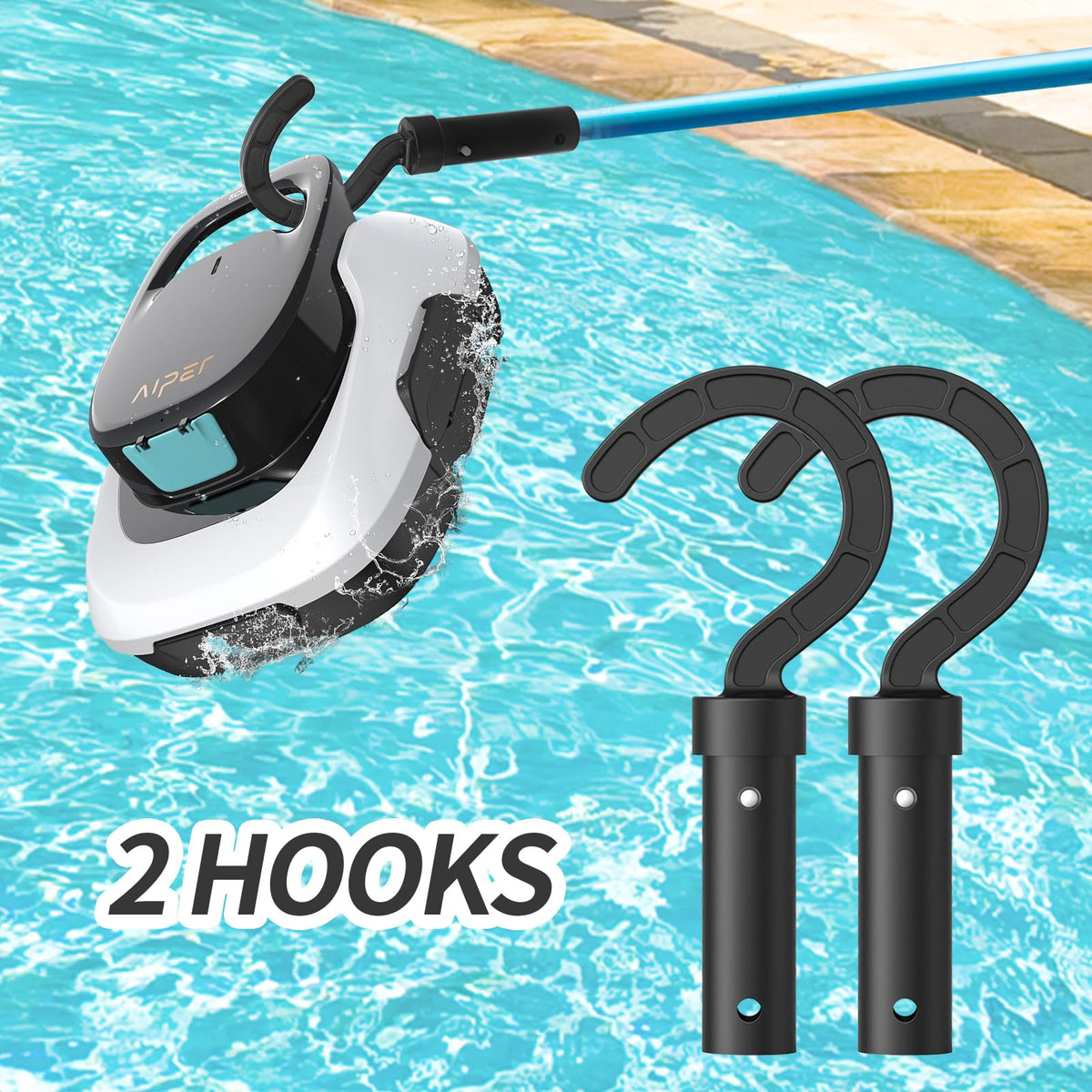 Keyrank pool hook offers easy handling to lift robots from poles without getting wet