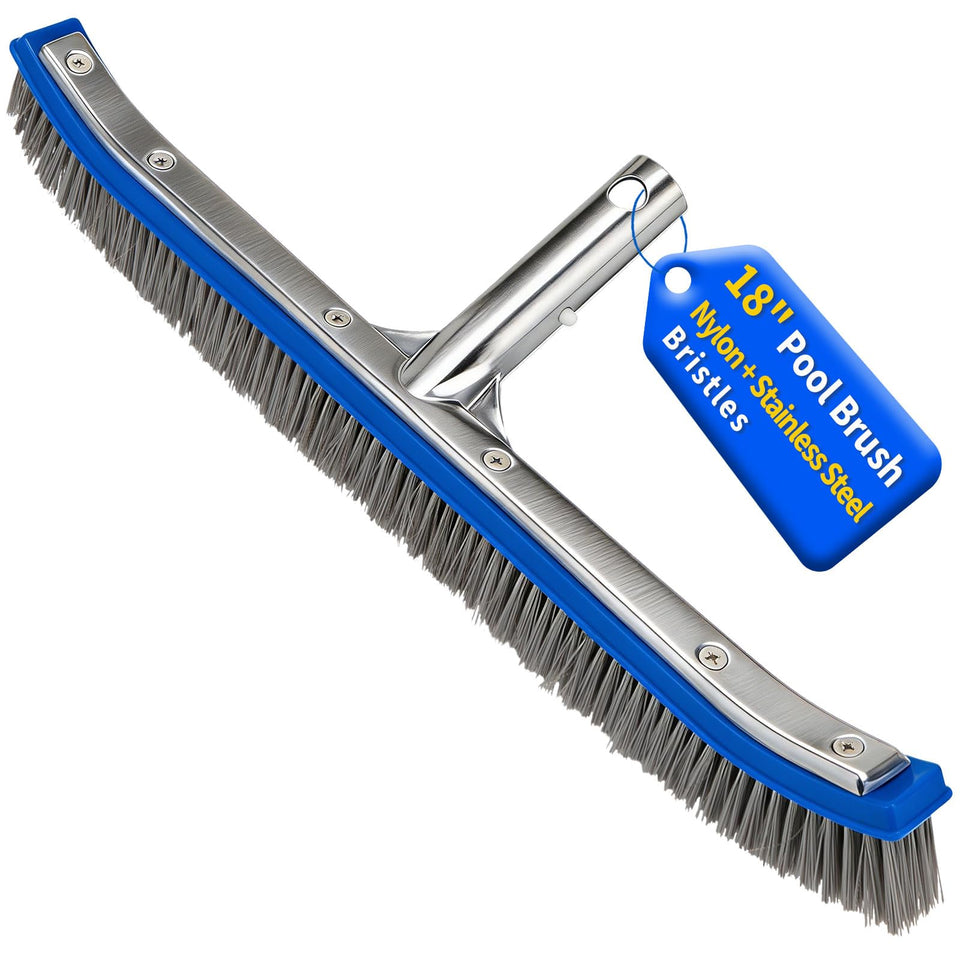 KGC 18-inch pool brush with nylon-stainless bristles covers large areas effectively.