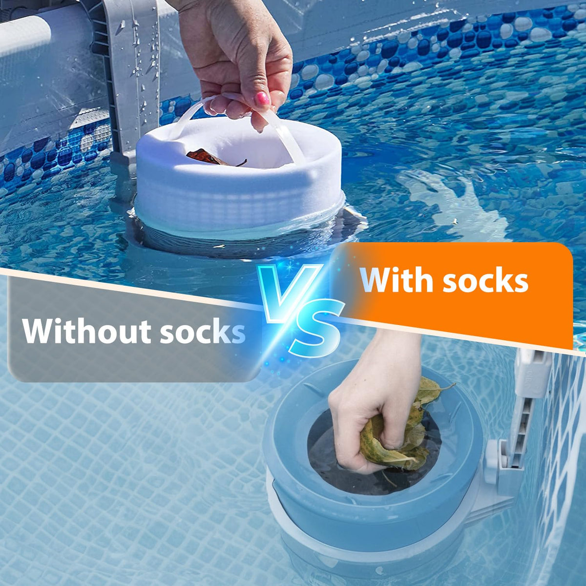 Leaves and pet hair are captured by KGC Pool Skimmer Socks.