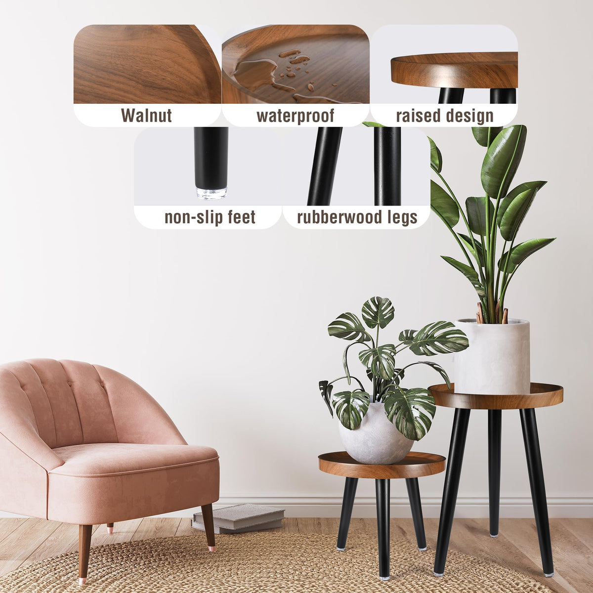 KGPLOME minimalist round plant table in walnut finish for stylish corners.