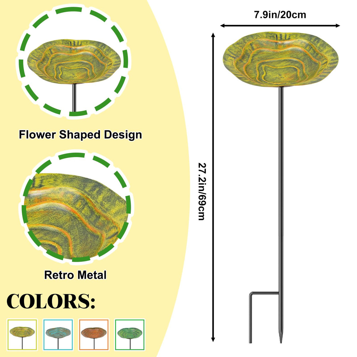 KHayRovies metal-stake bird bath stands firmly for year-round yard enjoyment