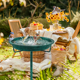 KHayRovies outdoor metal bird feeder stand doubles as a bath for backyard birds