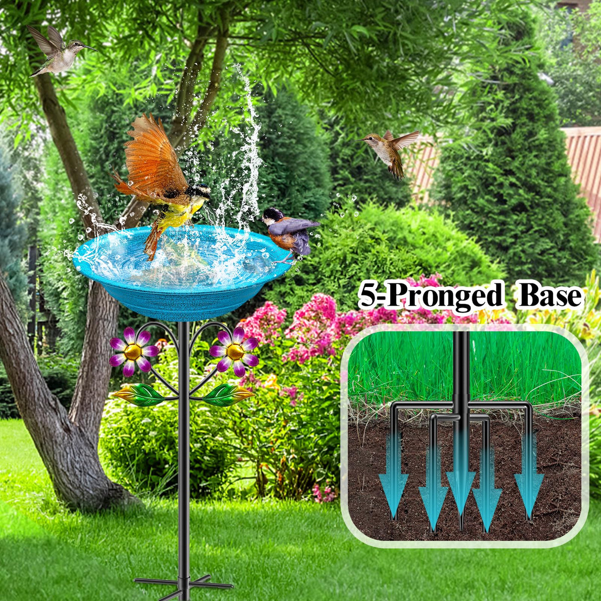KHayRovies retro-blue metal bird bath detail shows durable finish and vintage charm