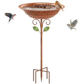 KHayRovies metal bird bath stands tall in the garden with vintage charm.