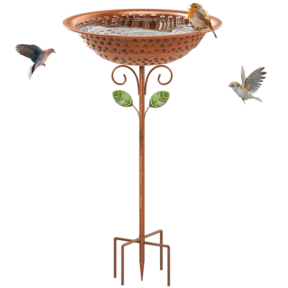 KHayRovies metal bird bath stands tall in the garden with vintage charm.