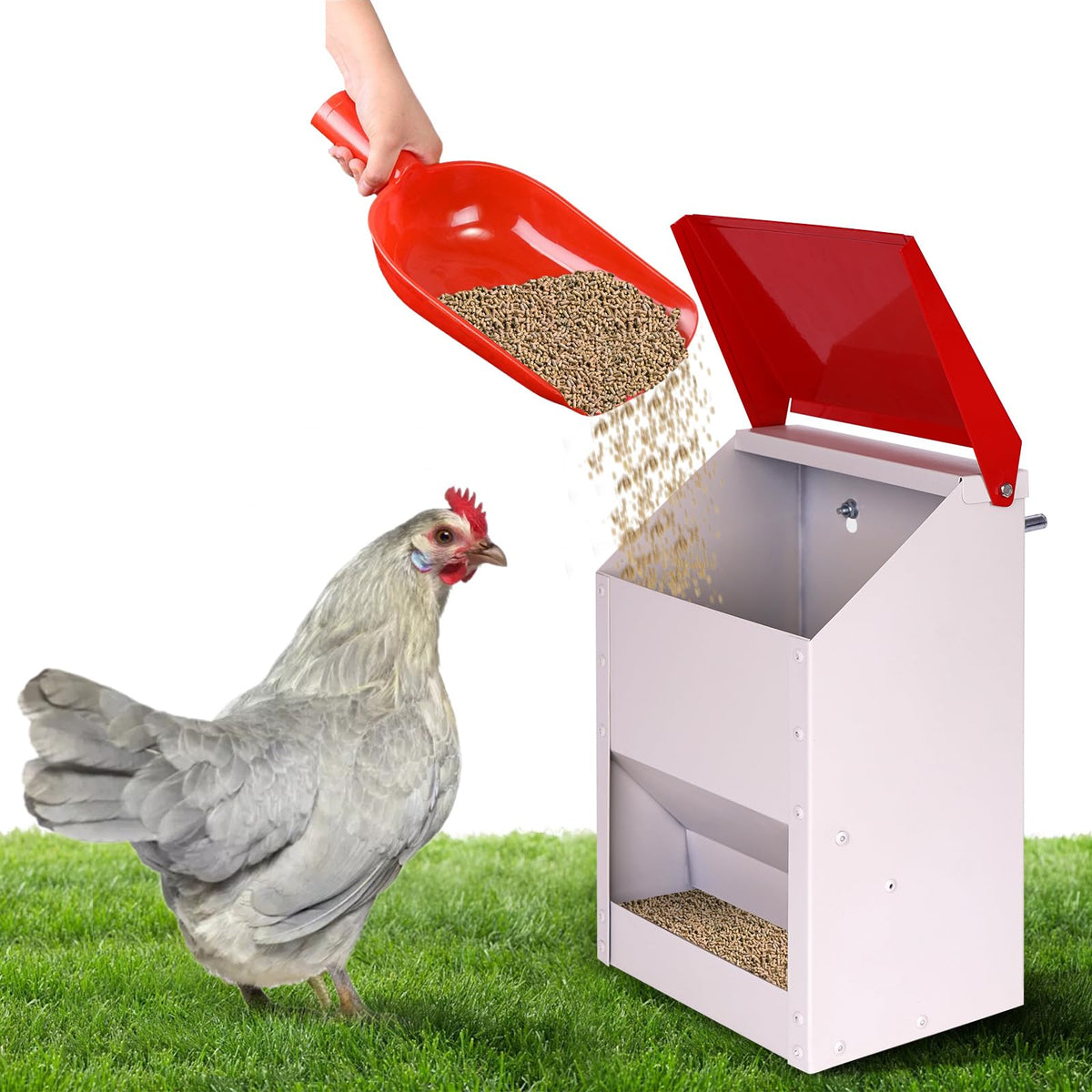 KHEARPSL galvanized feeder with lid protects feed from moisture outdoors