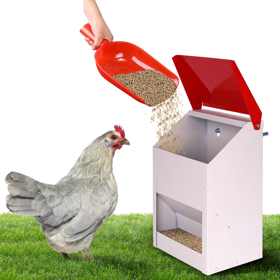 KHEARPSL galvanized feeder with lid protects feed from moisture outdoors
