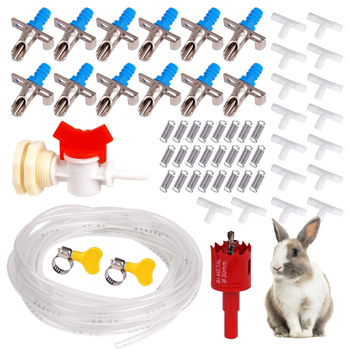 KHEARPSL Rabbit Nipple Drinker Kit components laid out for easy setup and tidy watering.