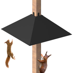 Khordin metal squirrel-baffle mounted on a 4x4 post shields bird feeders.