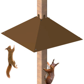 Khordin metal squirrel baffle mounted on a 4x4 post shielding a bird feeder