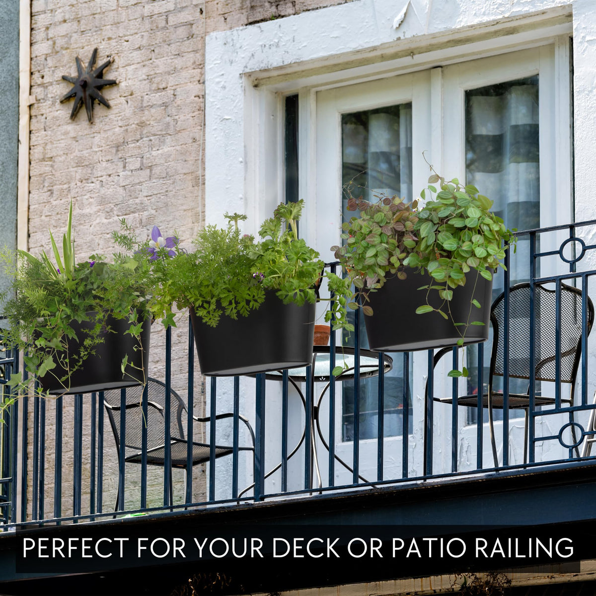 KIBAGA planters mounted on a porch fence add tidy gardening space.