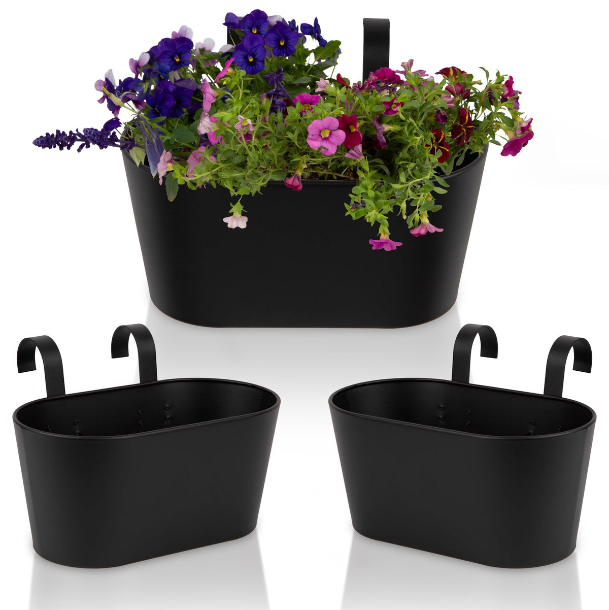 KIBAGA hanging planters on a balcony rail showcase a compact outdoor garden.
