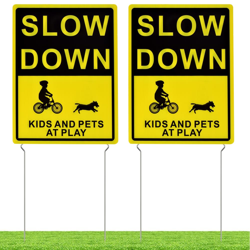 Kichwit slow down yard sign, double-sided for high visibility from both directions.