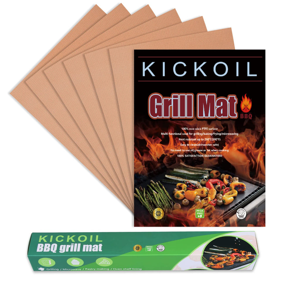 KickOIL grill mat six-pack on a barbecue grill, reusable and easy to clean for outdoor cooking.