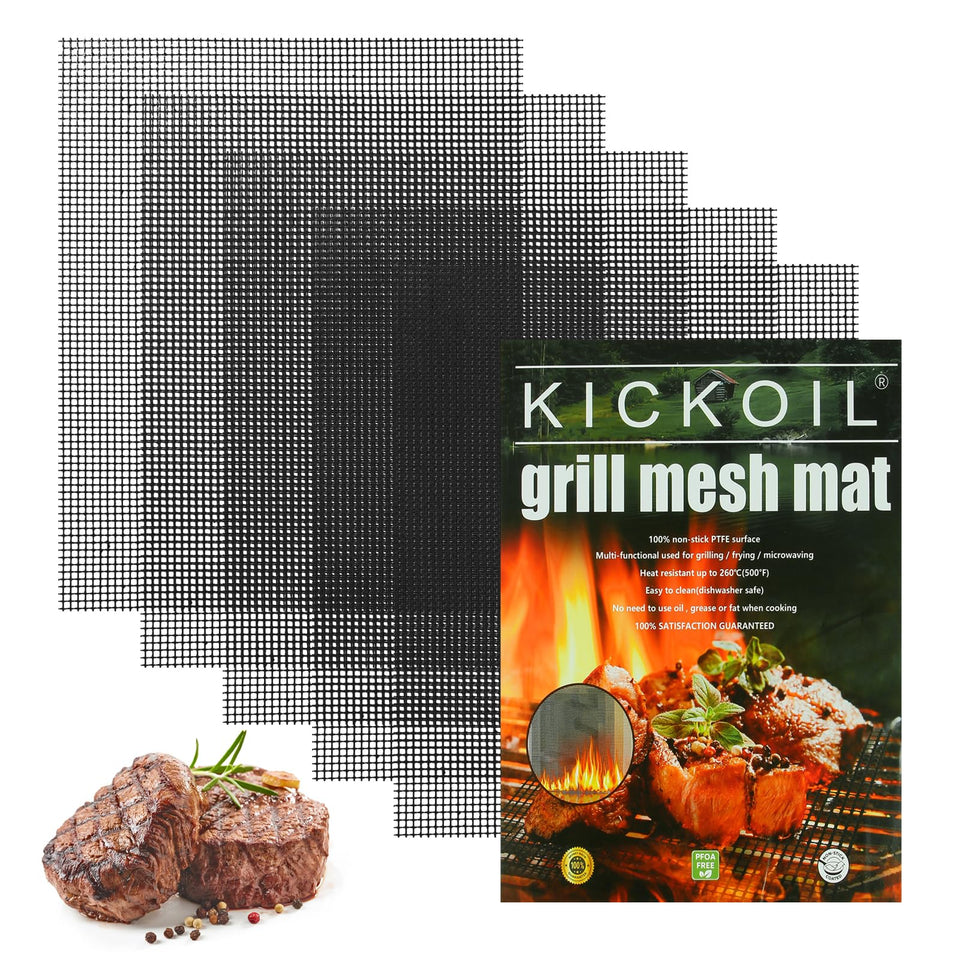 KickOil grill mat XL five-pack on grill delivers even heat for delicate foods.