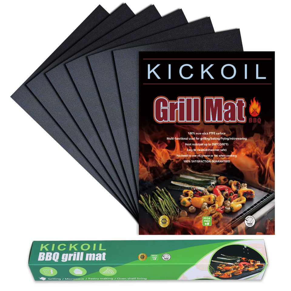 KICKOIL 6pc grill mats nonstick in action on a grill for even cooking.