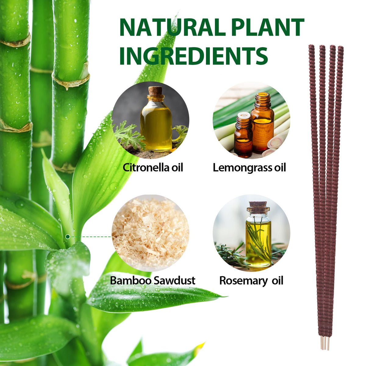 KICKOUTOR citronella-lemongrass-rosemary sticks burn close-up with natural scent.