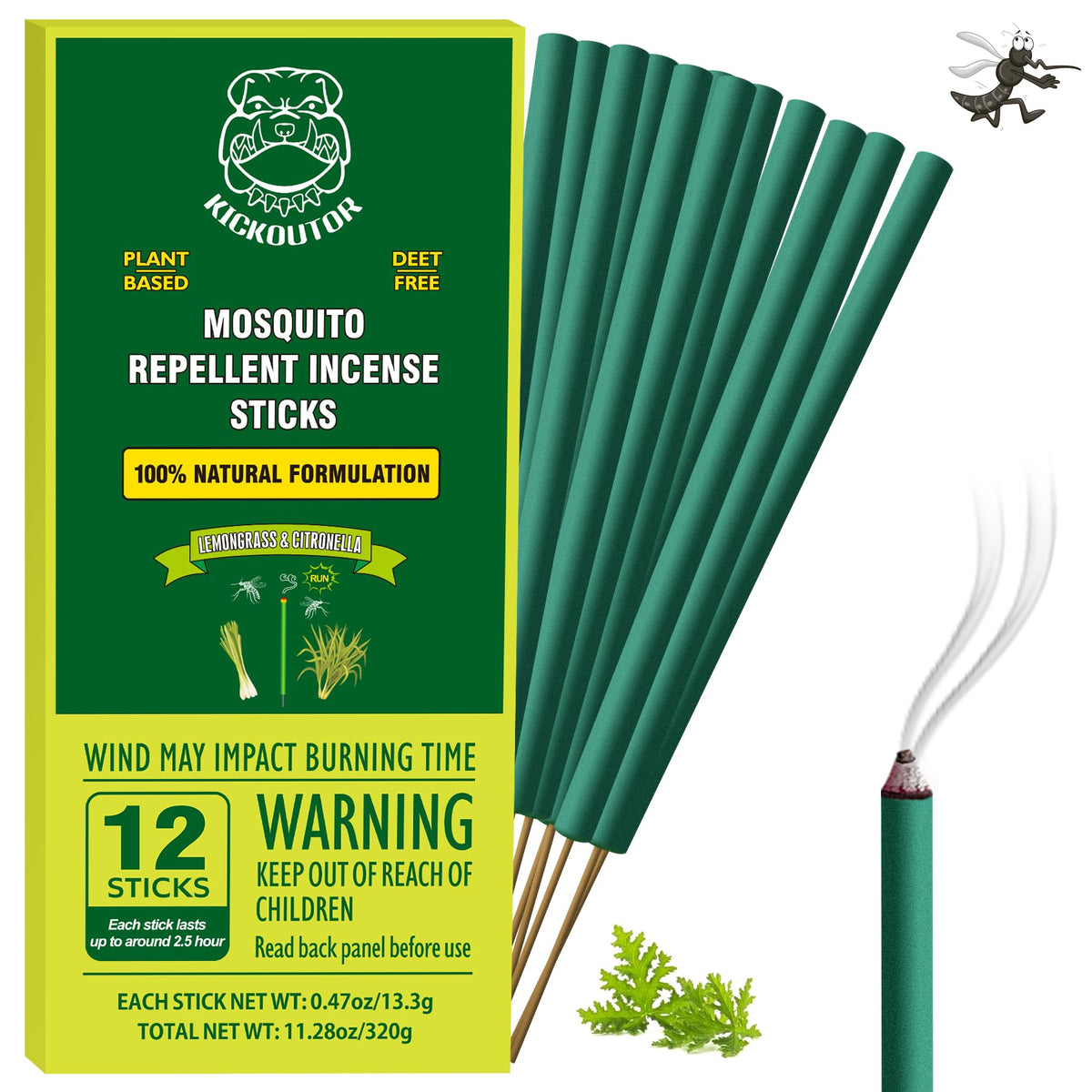 KICKOUTOR mosquito incense sticks with citronella packaging for outdoor use and scent.